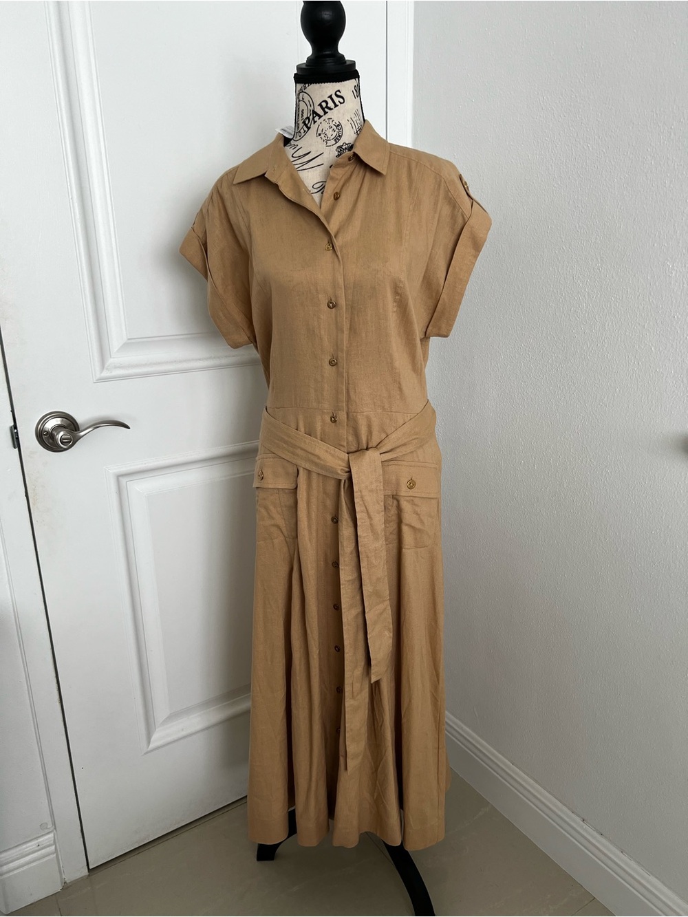 Ann Taylor Linen Tan Maxi Shirt Dress with Tie Belt